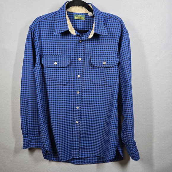 Cabelas Shirt Mens Large Blue Black Plaid Button Up Long Sleeve‎ Outdoor USA - Picture 1 of 6